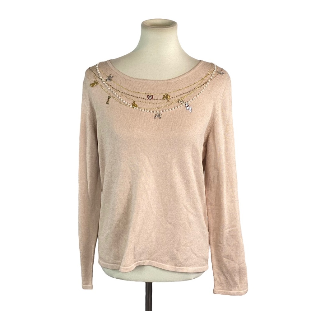 NWT Pink Poodle sweater with faux pearl and dog charm necklace size L